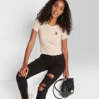 Women's Short Sleeve V-neck Ruched Thermal Baby T-shirt - Wild Fable Beige