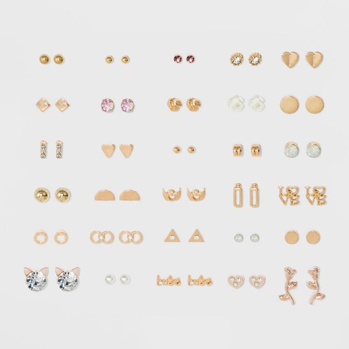 Multi With Heart, Flower, Stone And Rose Stud Earrings 30ct - Wild Fable Gold