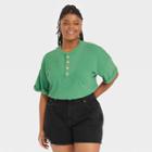Women's Plus Size Short Sleeve French Terry Henley Shirt - Universal Thread Green