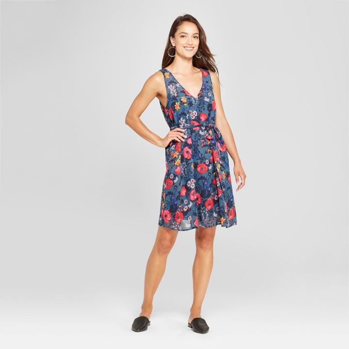 Women's Floral Print Sleeveless Dress - A New Day Navy