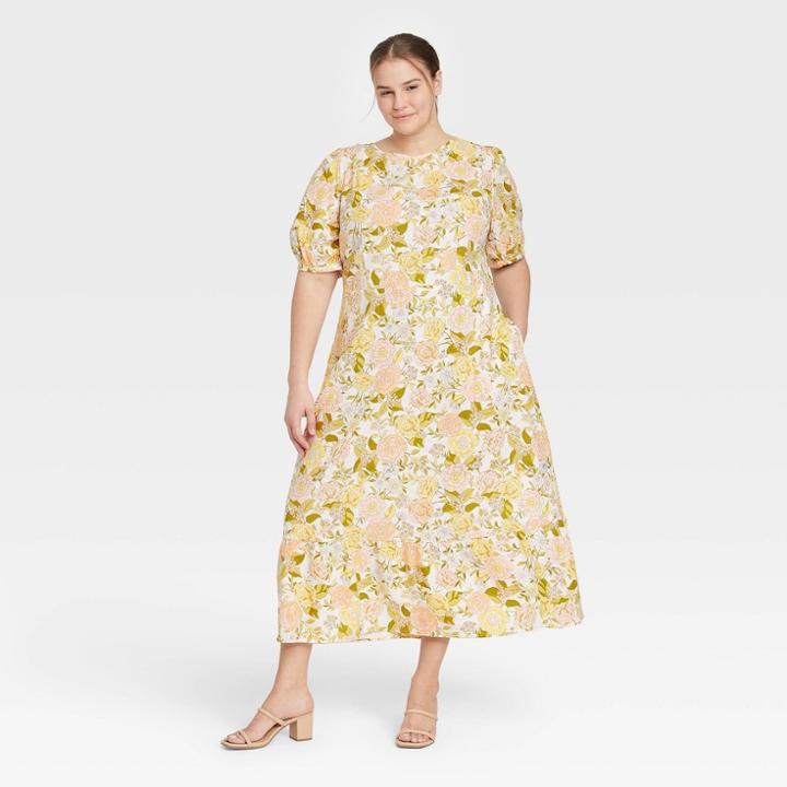 Women's Plus Size Bishop Elbow Sleeve Tie-back Dress - Who What Wear Beige Floral