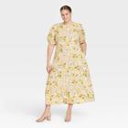 Women's Plus Size Bishop Elbow Sleeve Tie-back Dress - Who What Wear Beige Floral