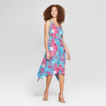 Women's Floral Print Braided Trim Handkerchief Hem Dress - Notations - Blue