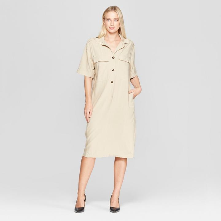 Women's Short Sleeve Duo Front Pocket Button Detail Utility Dress - Who What Wear Taupe (brown)