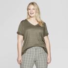 Women's Plus Size Pocket Short Sleeve Rolled Cuff V-neck T-shirt - Ava & Viv Olive (green)