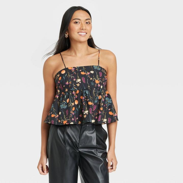Women's Peplum Tank Top - A New Day Black Floral Print