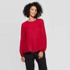Women's Regular Fit Long Sleeve Crewneck Pleated Blouse - A New Day Red M, Women's,