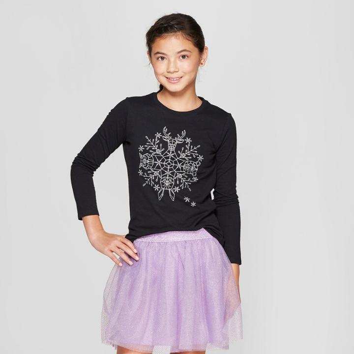 Girls' Long Sleeve Snowflake Graphic T-shirt - Cat & Jack Black