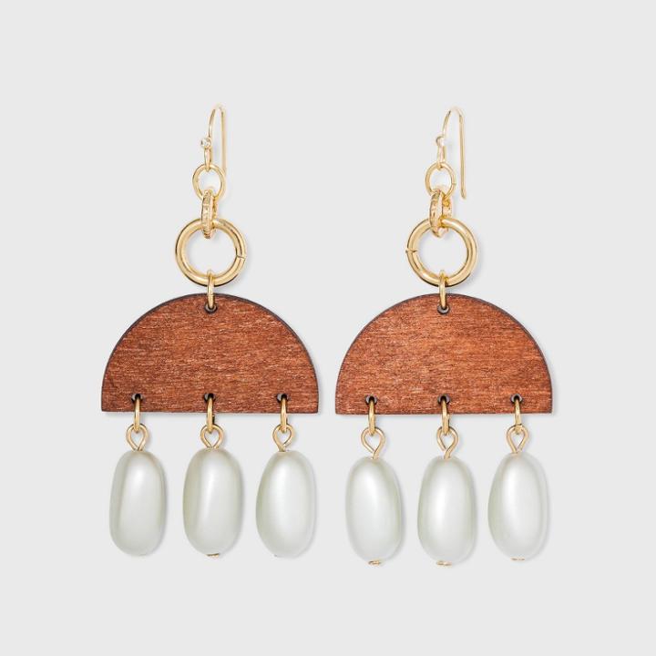 Semi-circle Wood And Glass Pearl Drop Earrings - A New Day Gold