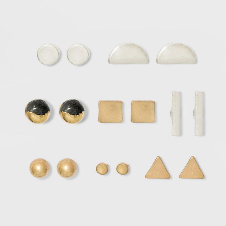 Geometric With Semi Precious Labradorite Stone Button Earring Set 8ct - Universal Thread,