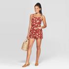 Women's Floral Print Sleeveless Square Neck Belted Romper - Xhilaration Rust