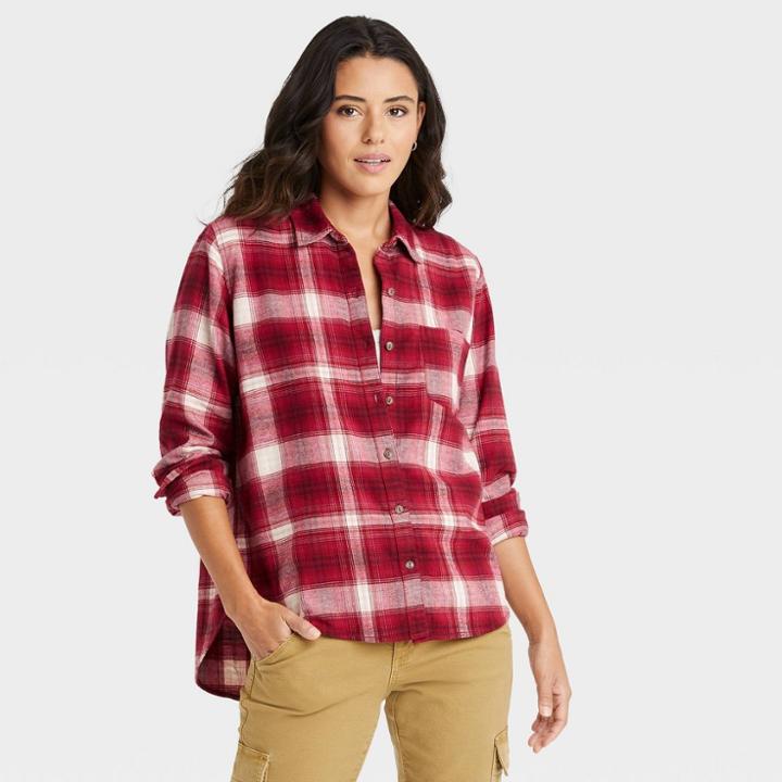 Women's Long Sleeve Flannel Button-down Shirt - Universal Thread Burgundy Plaid