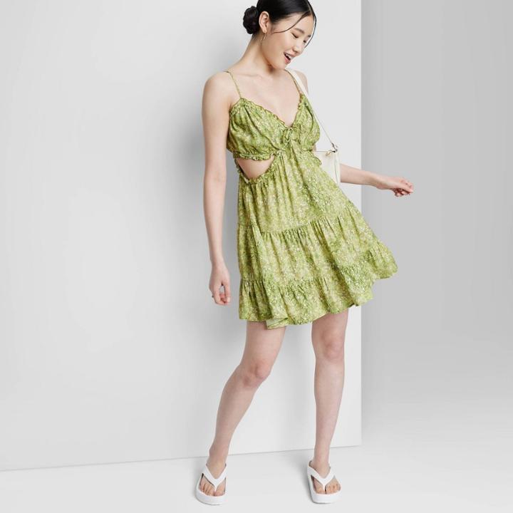 Women's Sleeveless Cut Out Babydoll Dress - Wild Fable Green Floral