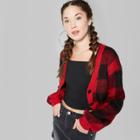 Women's Plaid Cropped Button Cardigan - Wild Fable Red