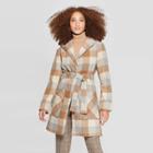 Women's Plaid Hooded Wrap Jacket - A New Day Camel L, Women's, Size:
