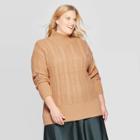 Women's Plus Size Long Sleeve Cable Turtleneck Sweater - Ava & Viv Tan
