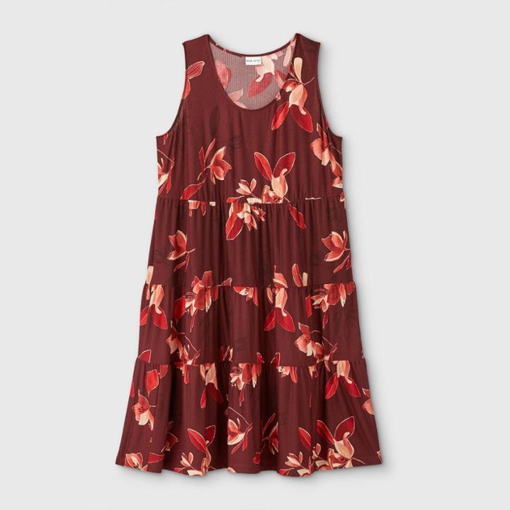 Women's Plus Size Floral Print Sleeveless Tiered Dress - Ava & Viv Cabernet X, Women's