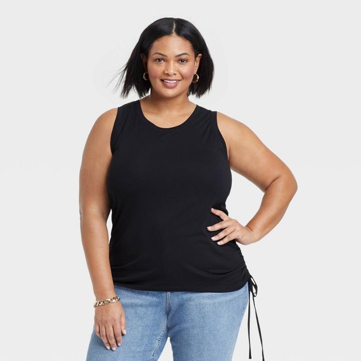 Women's Plus Size Ruched Slim Fit Side-tie Jersey Tank Top - Ava & Viv Black