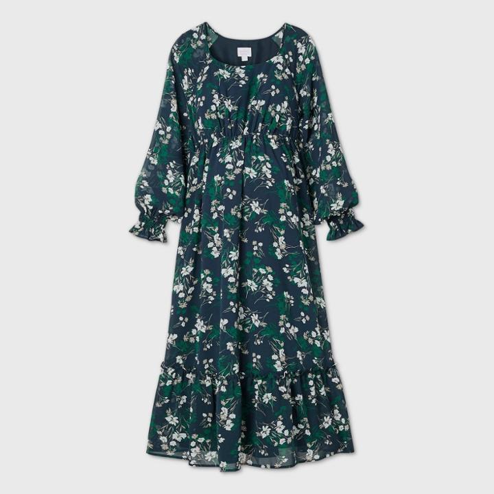 Floral Print Long Sleeve Chiffon Maternity Dress - Isabel Maternity By Ingrid & Isabel Xavier Navy Xs, Xavier Blue