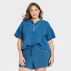 Women's Plus Size Short Sleeve French Terry Henley Shirt - Universal Thread Blue