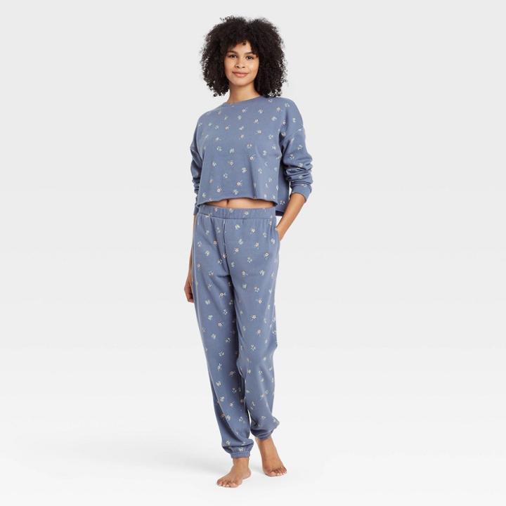 Women's Floral Print Fleece Lounge Jogger Pants - Colsie Blue