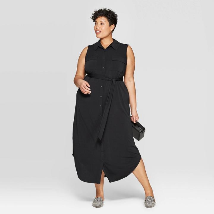 Women's Plus Size Sleeveless Collared Knit Midi Shirtdress - Ava & Viv Black