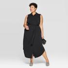 Women's Plus Size Sleeveless Collared Knit Midi Shirtdress - Ava & Viv Black