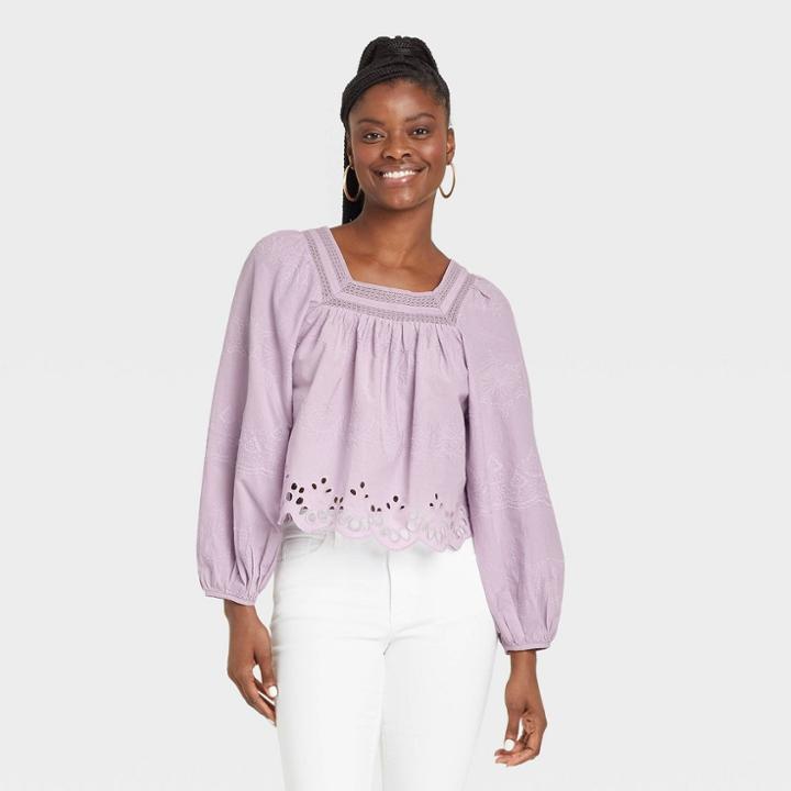 Women's Balloon Long Sleeve Eyelet Blouse - Universal Thread Light Purple