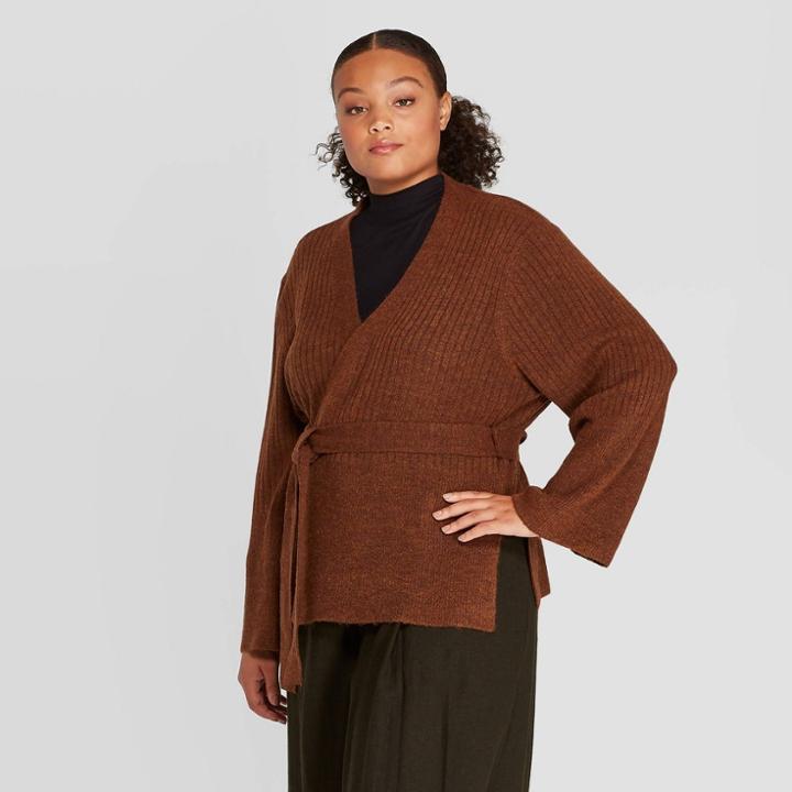 Women's Plus Size Long Sleeve Open-front Belted Ribbed Cardigan - Prologue Rust 4x,