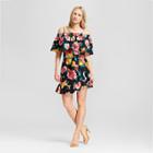 Women's Floral Print Belted Bardot Mini Dress - Who What Wear Black/pink L, Black/pink Floral