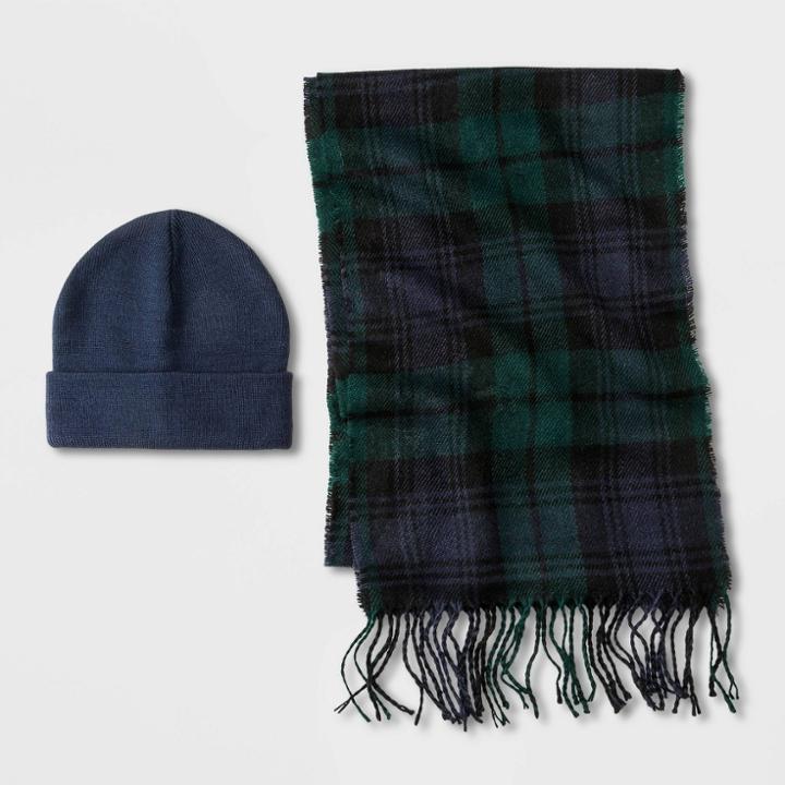 Men's Classic Tartan Scarf + Beanie Set - Goodfellow & Co Navy/blue Plaid One Size, Men's, Blue/blue