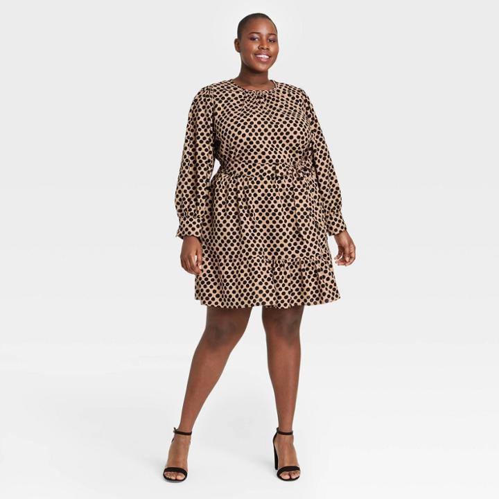 Women's Plus Size Polka Dot Long Balloon Sleeve Tiered Dress - Who What Wear Brown