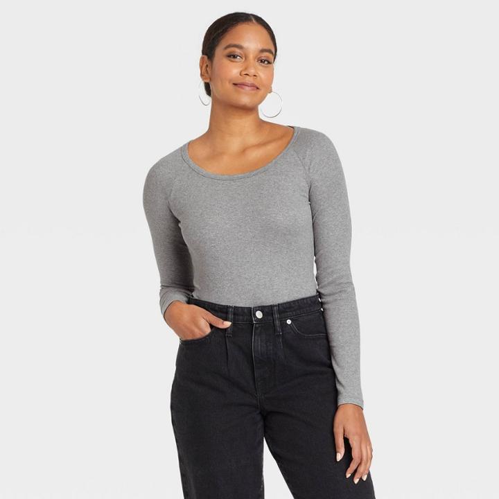 Women's Long Sleeve Ribbed Bodysuit - A New Day Heather Gray