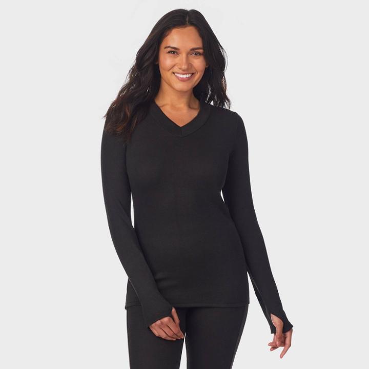 Warm Essentials By Cuddl Duds Women's Smooth Mesh Thermal V-neck Top - Black