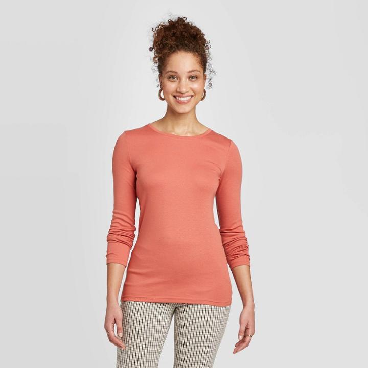 Women's Slim Fit Long Sleeve Fitted T-shirt - A New Day Dark Pink