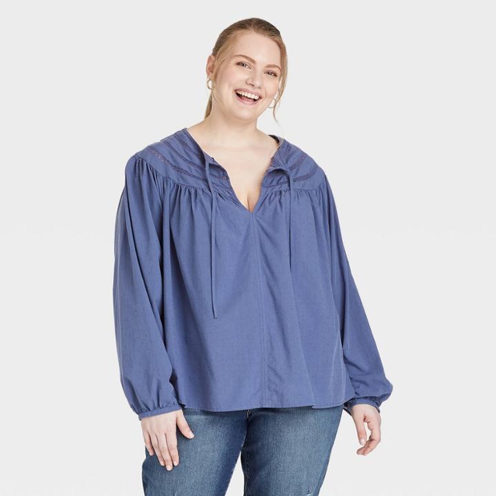 Women's Plus Size Balloon Long Sleeve Button-front Blouse - Universal Thread Blue