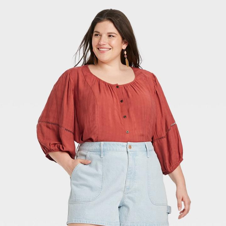 Women's Plus Size 3/4 Sleeve Button-front Top - Knox Rose Rust