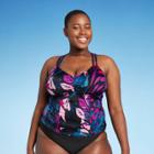 Women's Plus Size Double Strap Cinch-front Detail Tankini Top - All In Motion Black Floral