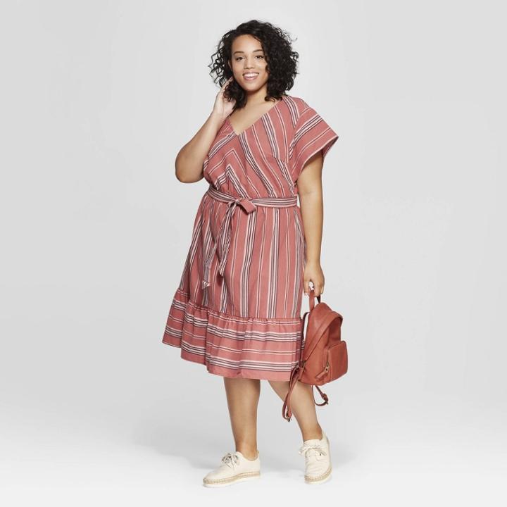 Women's Plus Size Striped Short Sleeve V-neck Dress - Universal Thread Rose X, Pink
