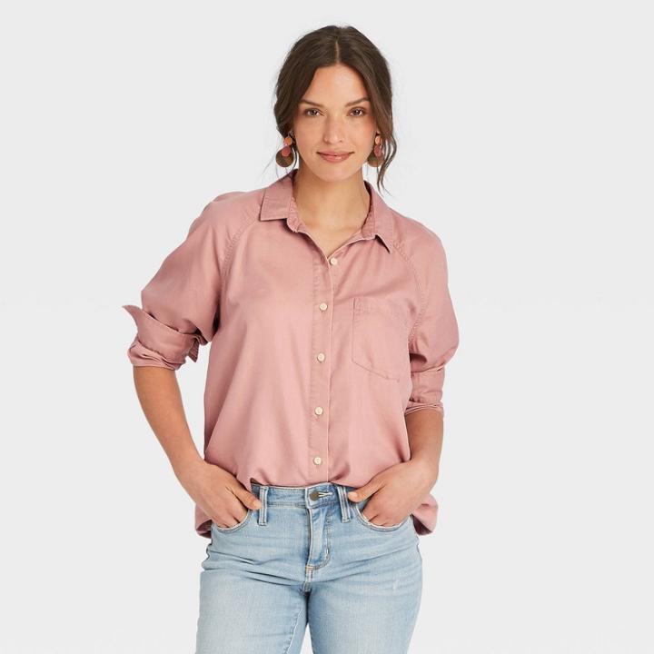Women's Raglan Long Sleeve Denim Button-down Shirt - Universal Thread Tan