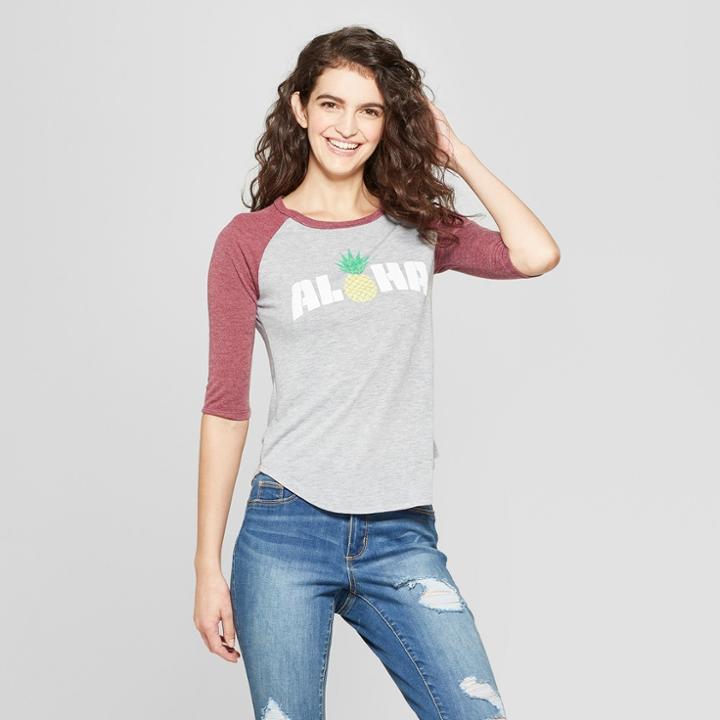 Women's 3/4 Sleeve Pineapple Aloha Raglan Graphic T-shirt - Awake (juniors') Heather Gray/burgundy