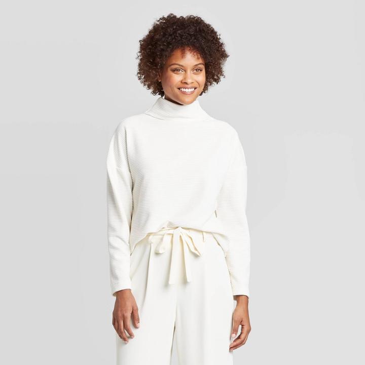Women's Long Sleeve Mock Turtleneck Velour Rib Tunic Sweatshirt - A New Day Cream