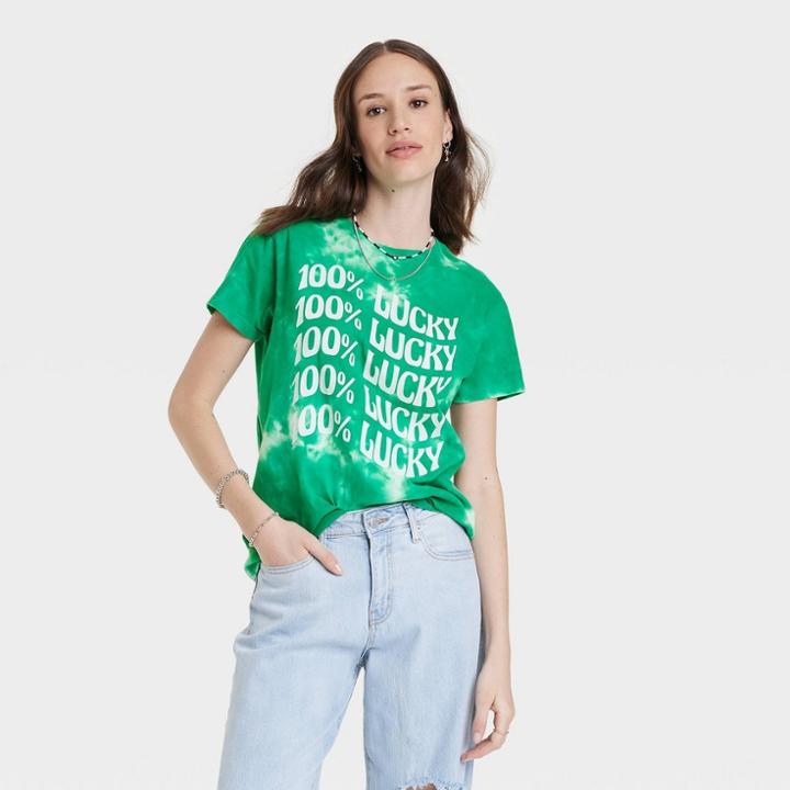 Mighty Fine Women's 100% Lucky Short Sleeve Graphic T-shirt - Green