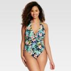 Beach Betty By Miracle Brands Women's Slimming Control Tropical Halter One Piece Blue -