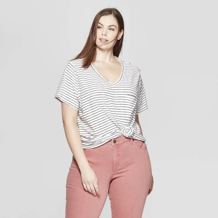 Women's Plus Size Striped Short Sleeve Pocket V-neck T-shirt - Universal Thread Gray