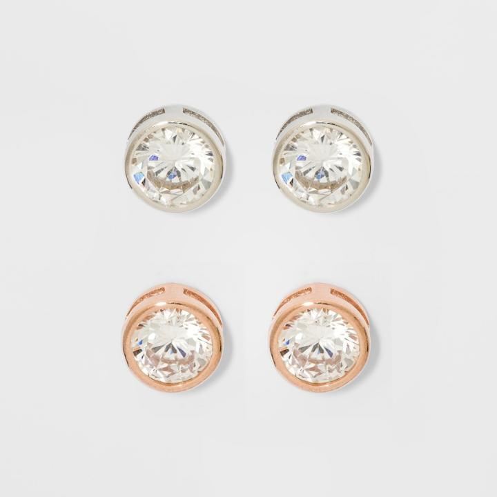 Target Sterling Silver Round Bezel Cubic Zirconia Set Of Two Pairs Earring Studs - Silver/rose Gold