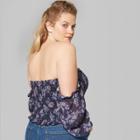 Women's Plus Size Floral Print Long Sleeve Smocked Top - Wild Fable Blue