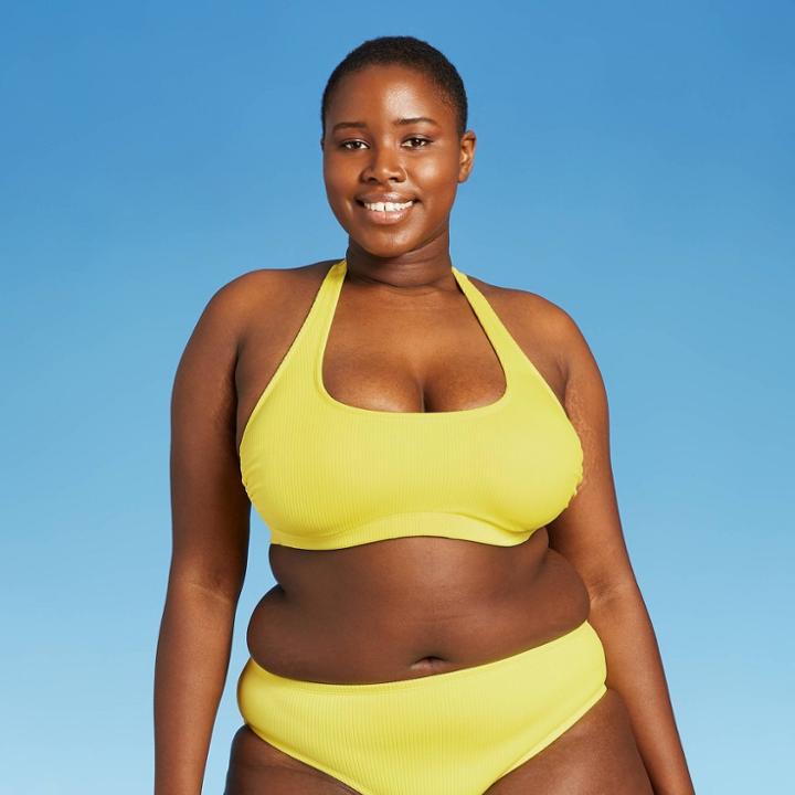 Juniors' Plus Size Ribbed Halter Bikini Top - Xhilaration Yellow