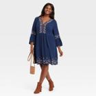 Women's Plus Size Long Sleeve Embroidered Shift Dress - Knox Rose Navy