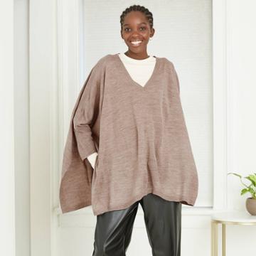 Women's V-neck Poncho Sweater - A New Day Walnut Heather One Size, Grey/brown